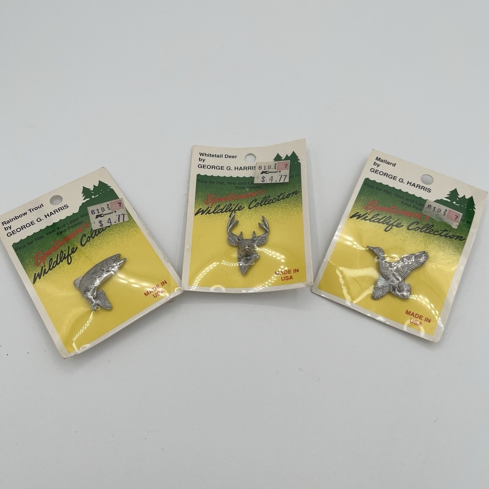 Vintage George G Harris Pewter Pin Lot Rainbow Trout Whitetail Deer Mallard USA